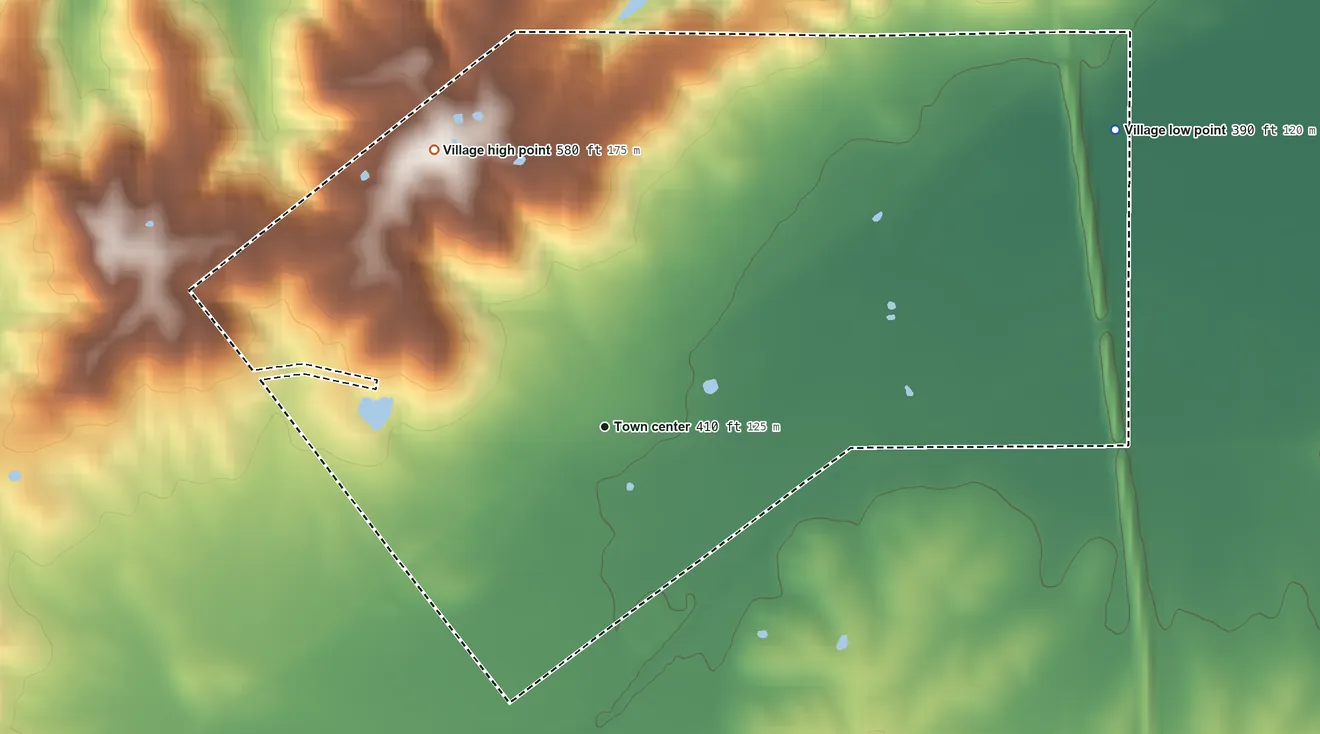 Topographic elevation map of Stonefort, Illinois, shaded from 390 ft on the northeast side to 580 ft on the northwest side