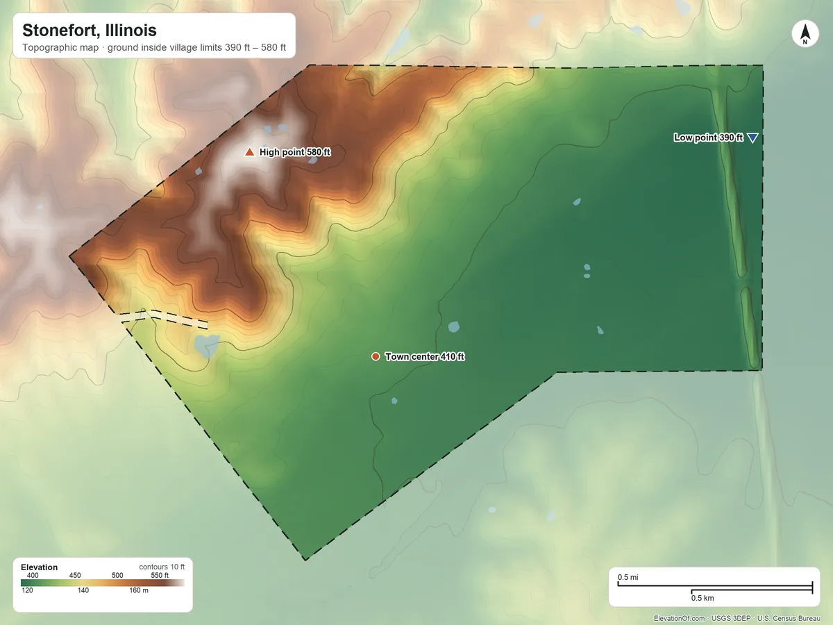 Topographic elevation map of Stonefort, Illinois, shaded from 390 ft on the northeast side to 580 ft on the northwest side