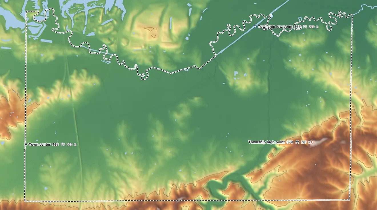 Topographic elevation map of Stonefort Township, Illinois, shaded from 360 ft on the northeast side to 670 ft on the east side