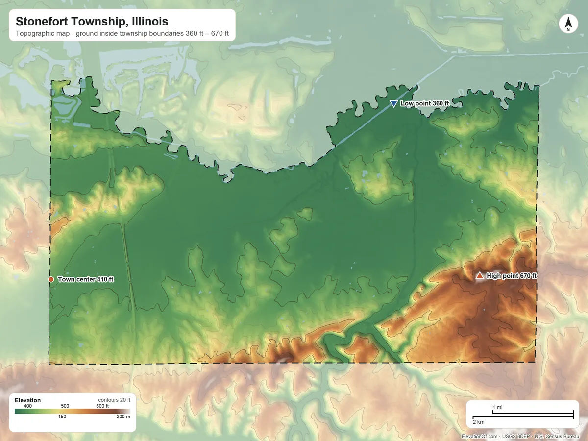 Topographic elevation map of Stonefort Township, Illinois, shaded from 360 ft on the northeast side to 670 ft on the east side