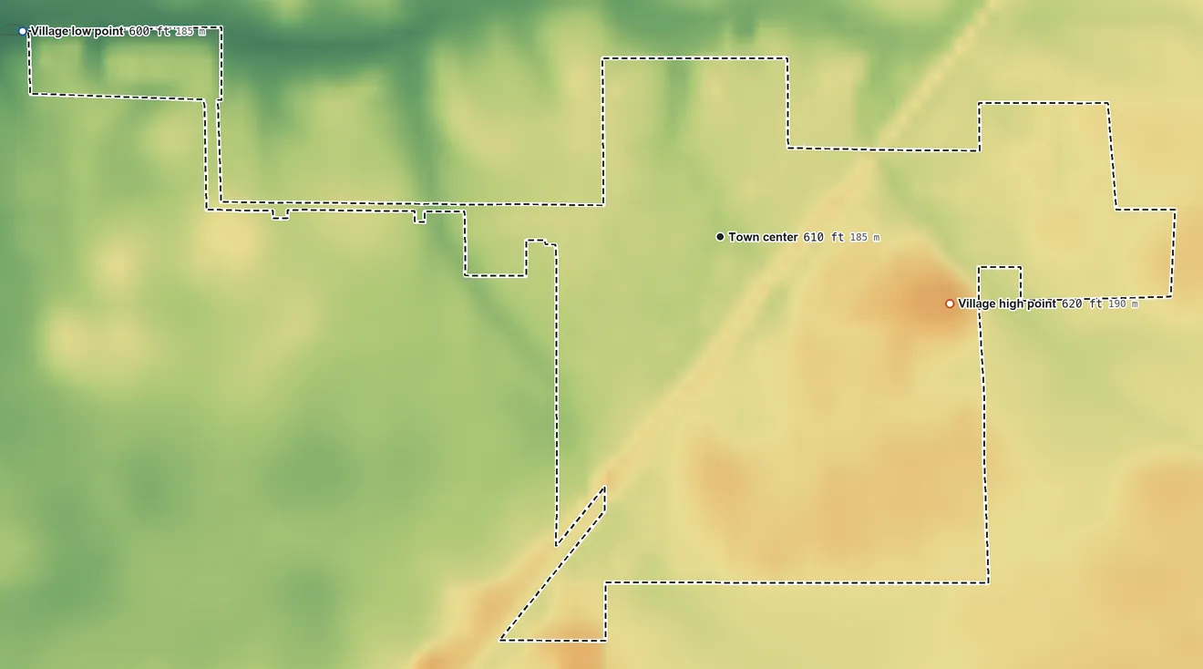 Topographic elevation map of Stonington, Illinois, shaded from 600 ft on the west side to 620 ft on the east side