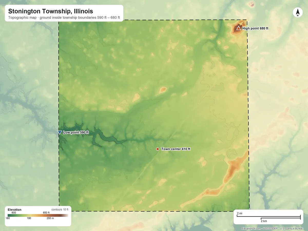 Topographic elevation map of Stonington Township, Illinois, shaded from 590 ft on the west side to 680 ft on Long Mound
