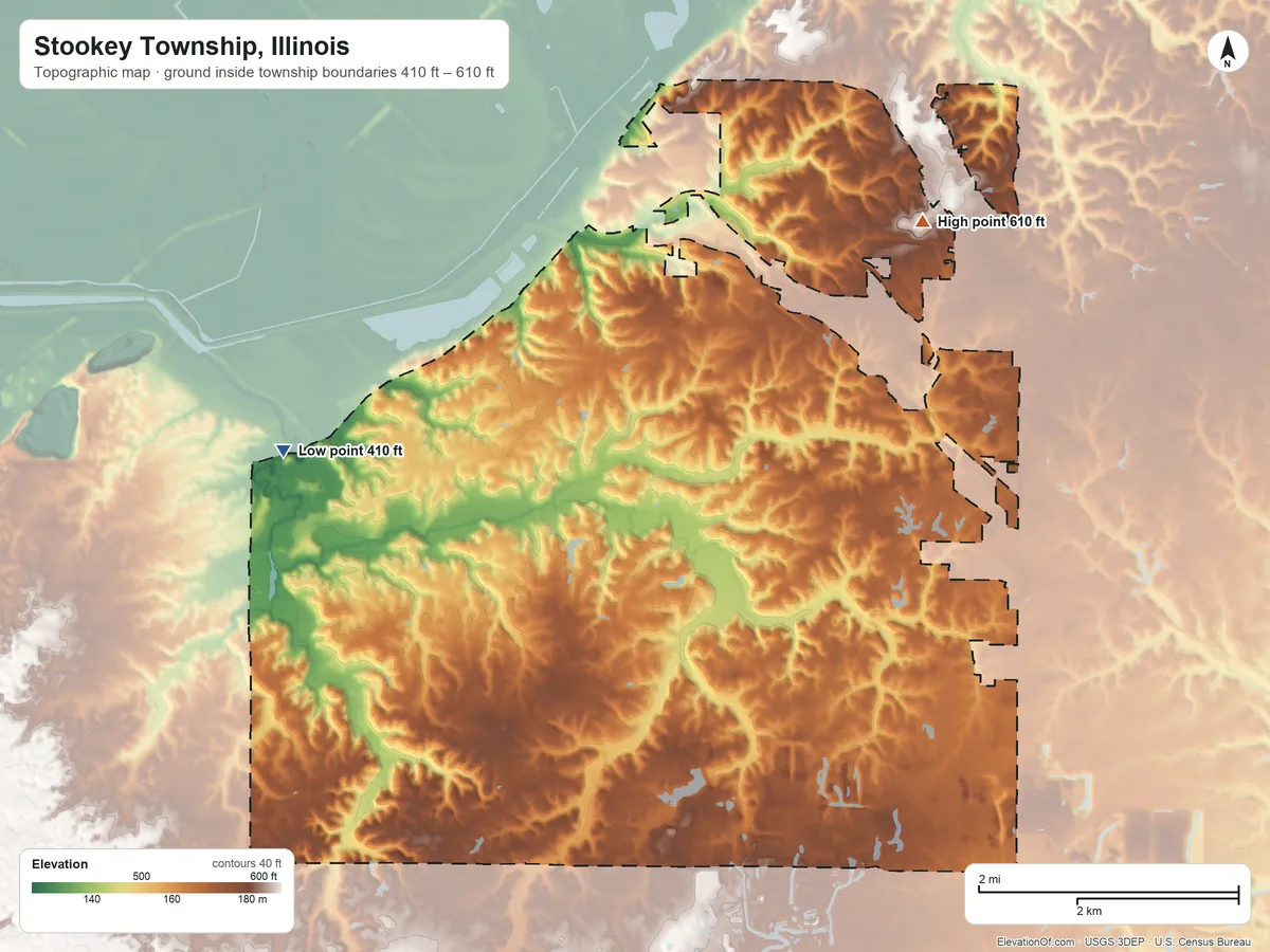 Topographic elevation map of Stookey Township, Illinois, shaded from 410 ft on the west side to 610 ft on the northeast side