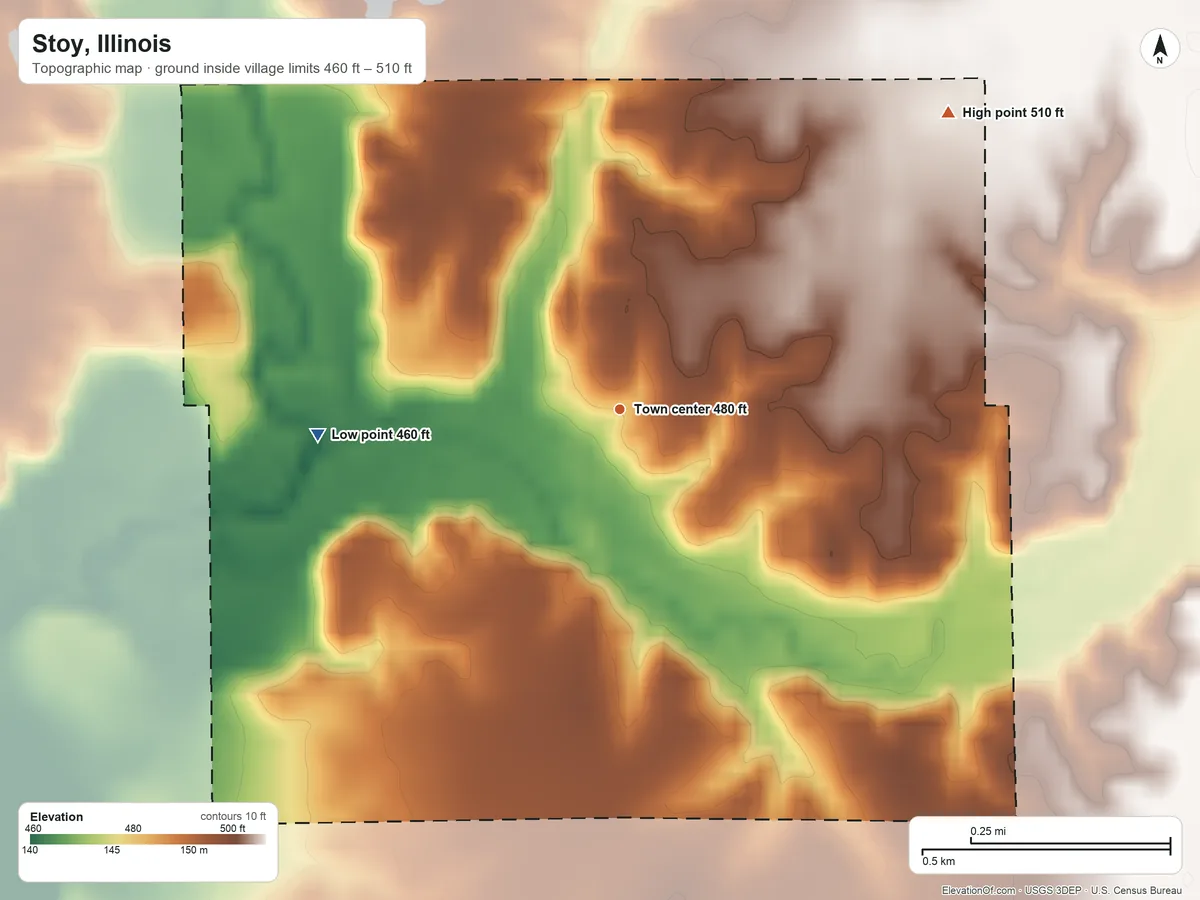 Topographic elevation map of Stoy, Illinois, shaded from 460 ft on the west side to 510 ft on the northeast side