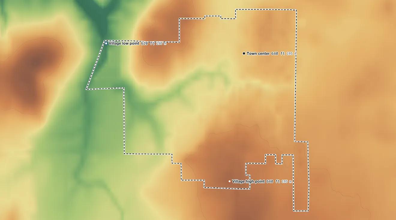 Topographic elevation map of Strasburg, Illinois, shaded from 620 ft on the west side to 640 ft on the south side