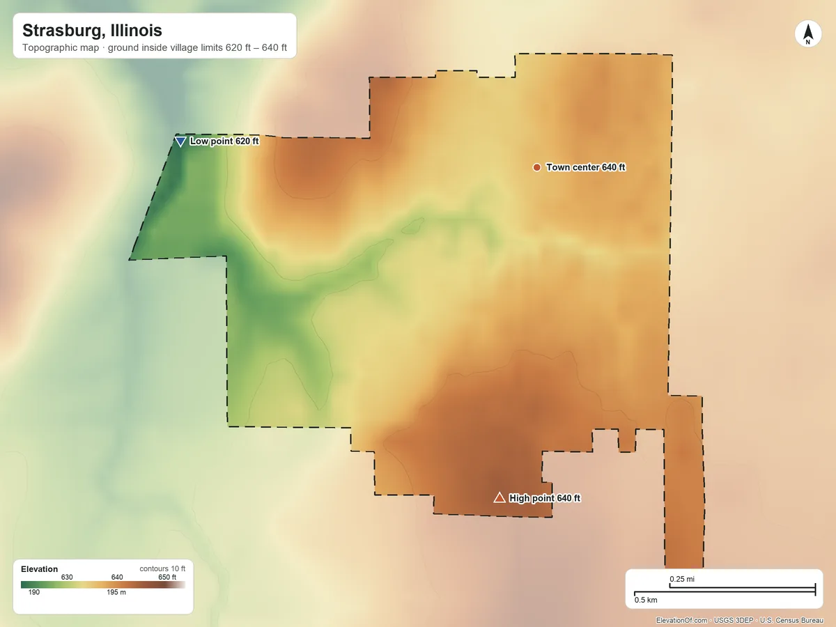 Topographic elevation map of Strasburg, Illinois, shaded from 620 ft on the west side to 640 ft on the south side