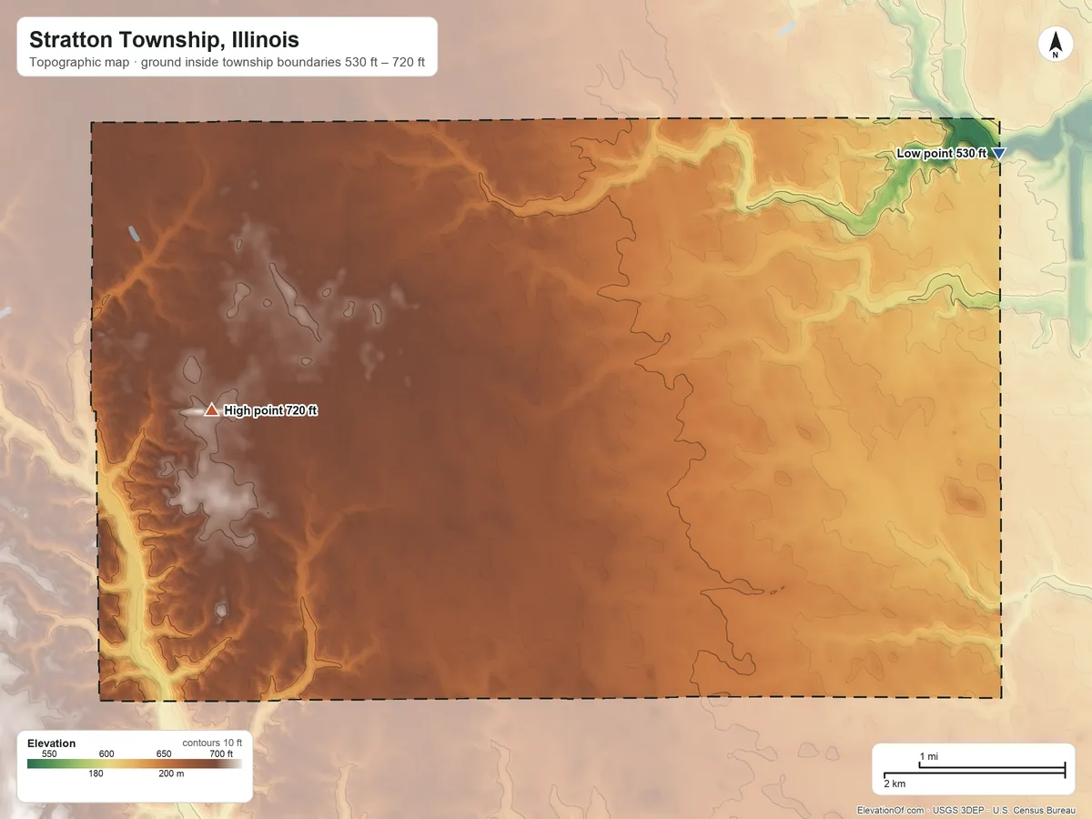 Topographic elevation map of Stratton Township, Illinois, shaded from 530 ft on the northeast side to 720 ft on the northwest side