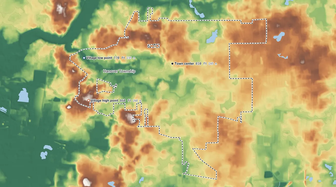 Topographic elevation map of Streamwood, Illinois, shaded from 770 ft on the west side to 860 ft on the southwest side