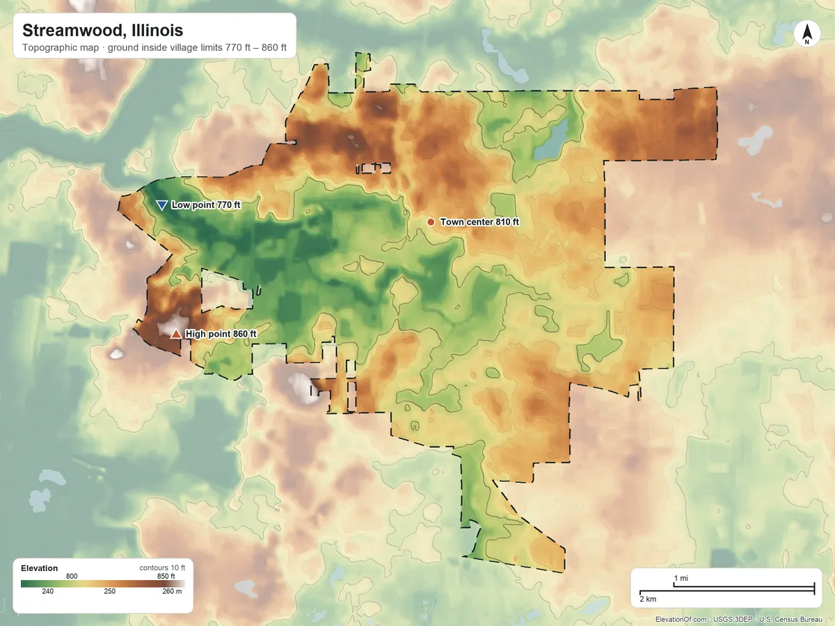 Topographic elevation map of Streamwood, Illinois, shaded from 770 ft on the west side to 860 ft on the southwest side