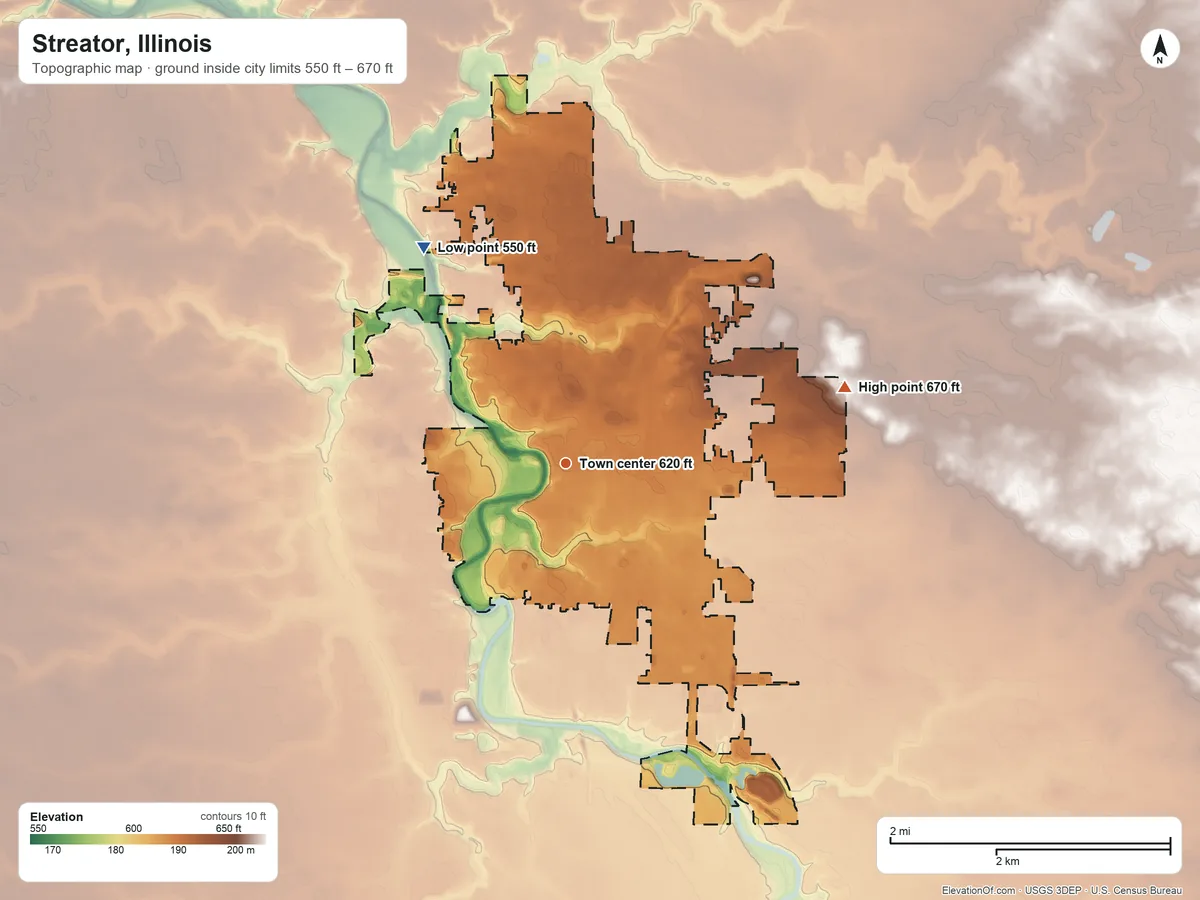 Topographic elevation map of Streator, Illinois, shaded from 550 ft on the northwest side to 670 ft on the east side