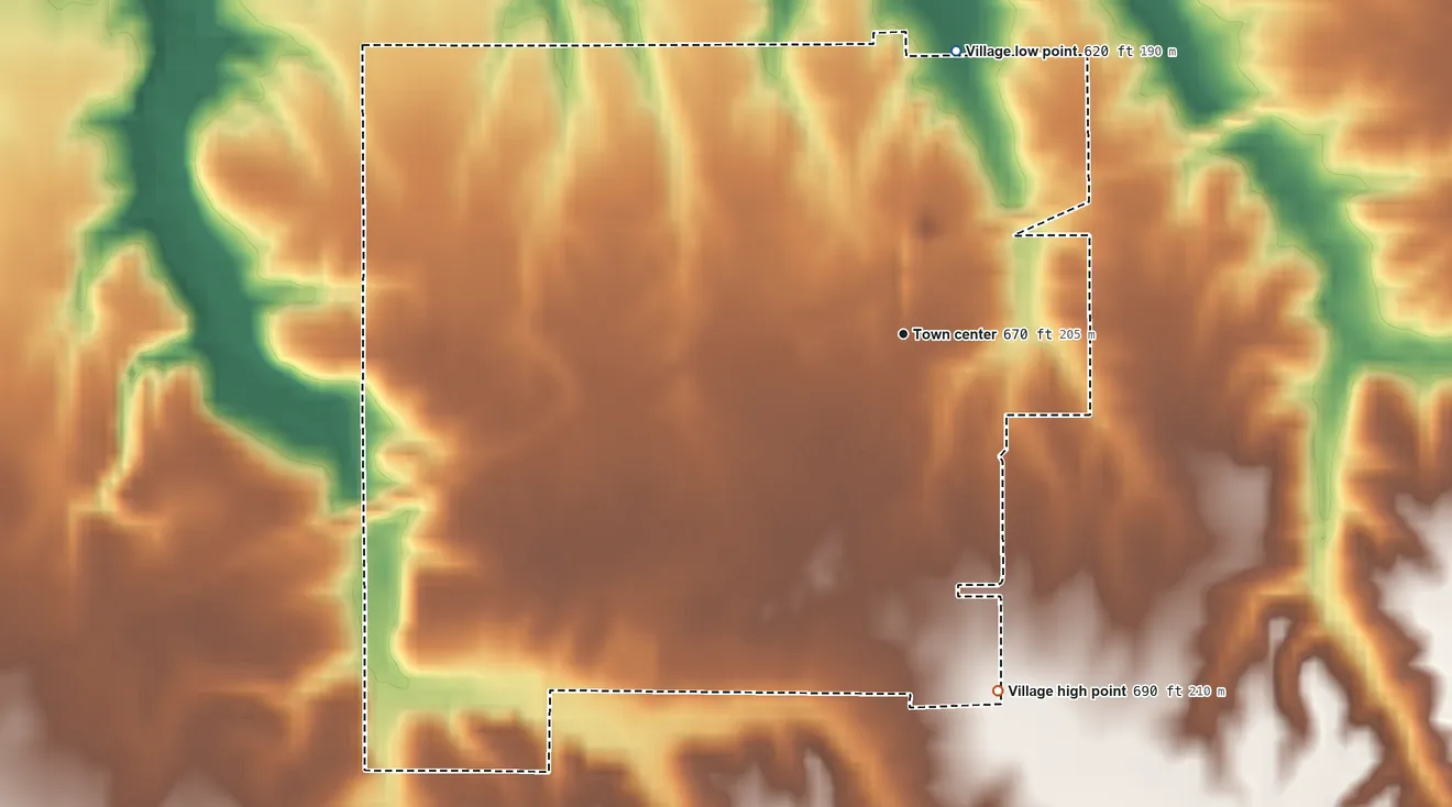 Topographic elevation map of Stronghurst, Illinois, shaded from 620 ft on the north side to 690 ft on the south side