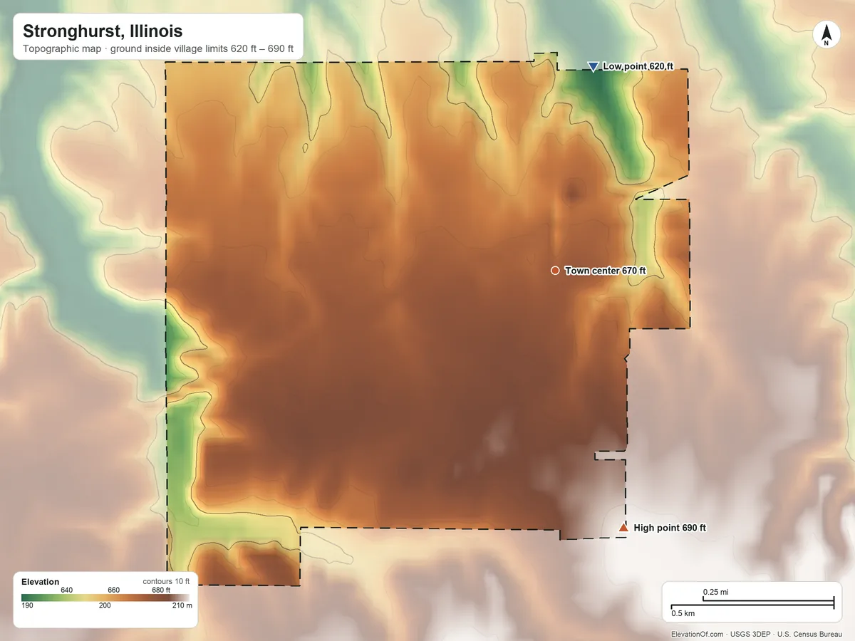 Topographic elevation map of Stronghurst, Illinois, shaded from 620 ft on the north side to 690 ft on the south side