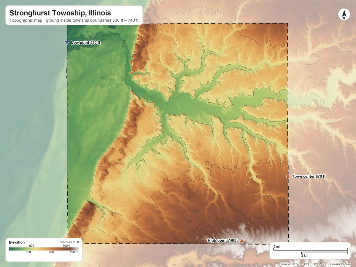 Topographic elevation map of Stronghurst Township, Illinois, shaded from 530 ft on the northwest side to 740 ft on the southwest side