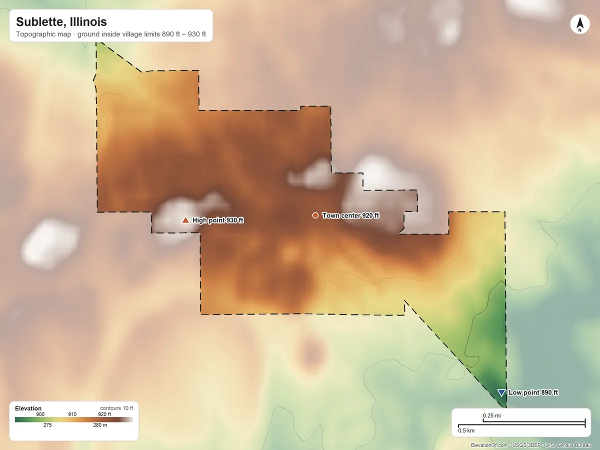 Topographic elevation map of Sublette, Illinois, shaded from 890 ft on the southeast side to 930 ft on the west side