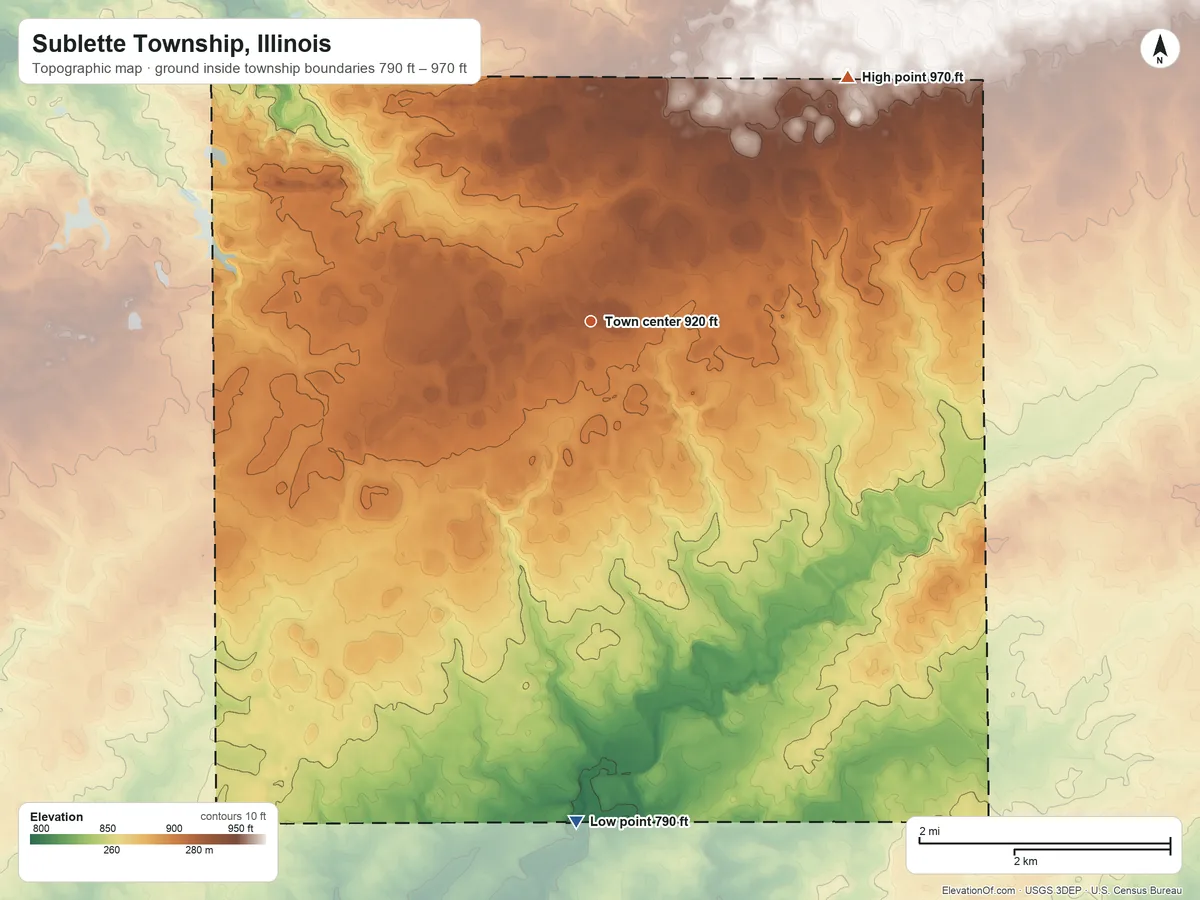 Topographic elevation map of Sublette Township, Illinois, shaded from 790 ft on the south side to 970 ft on the northeast side