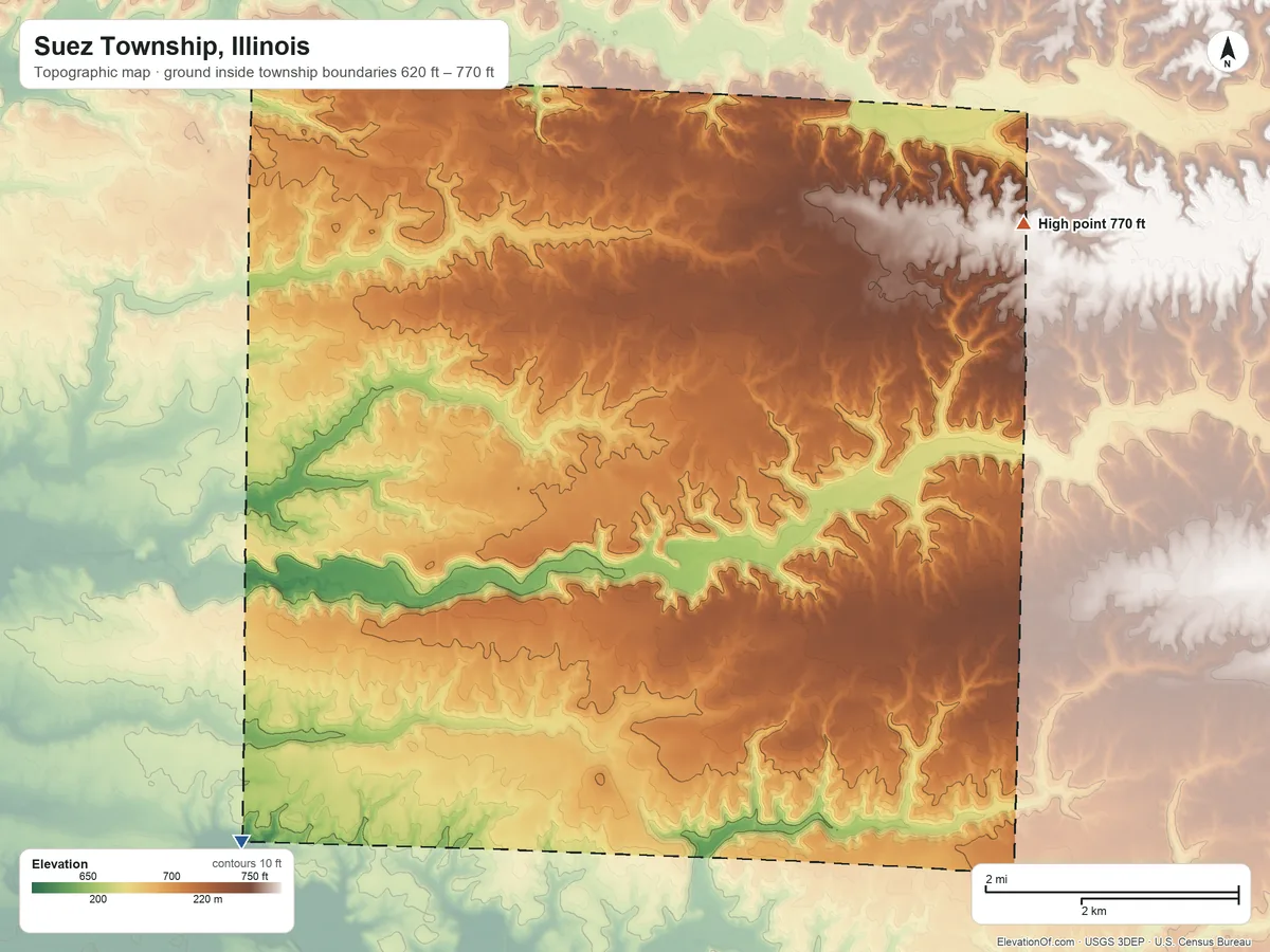 Topographic elevation map of Suez Township, Illinois, shaded from 620 ft on the southwest side to 770 ft on the northeast side