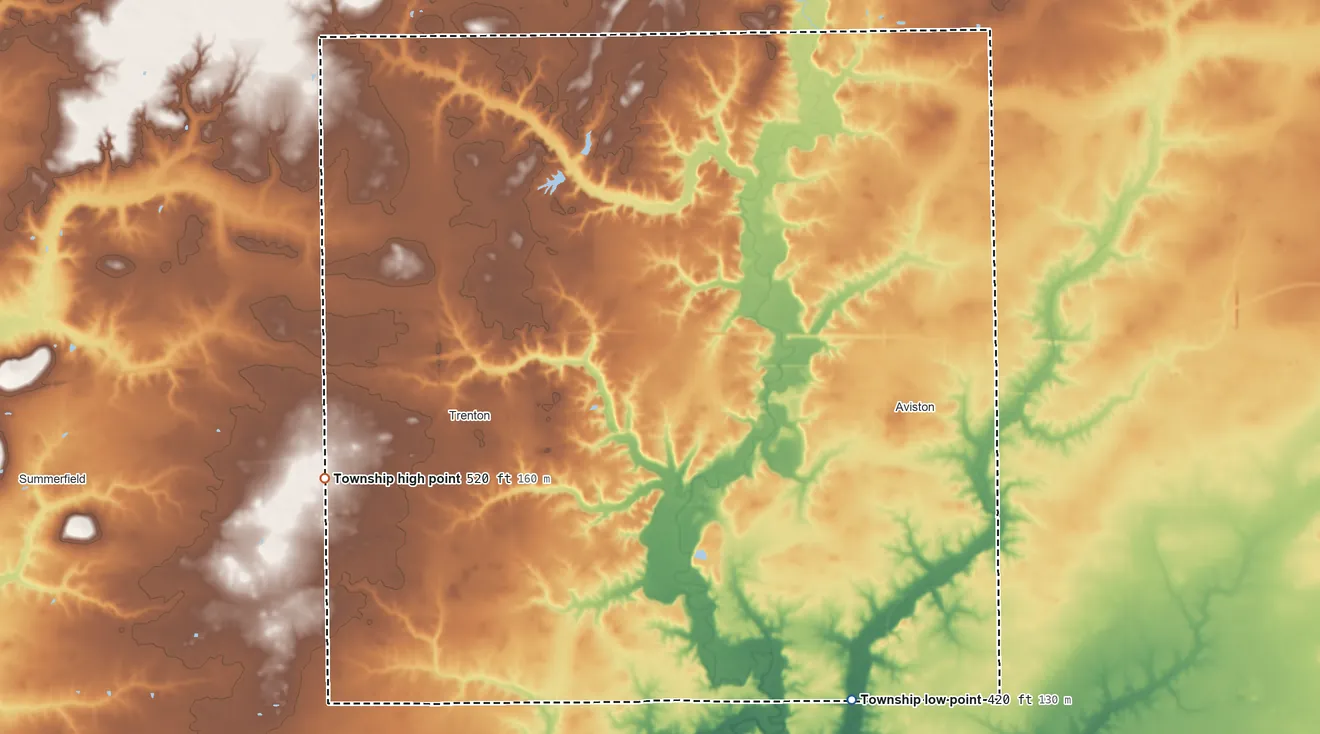 Topographic elevation map of Sugar Creek Township, Illinois, shaded from 420 ft on the southeast side to 520 ft on the west side