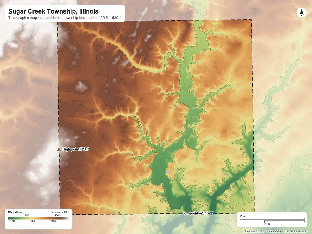 Topographic elevation map of Sugar Creek Township, Illinois, shaded from 420 ft on the southeast side to 520 ft on the west side
