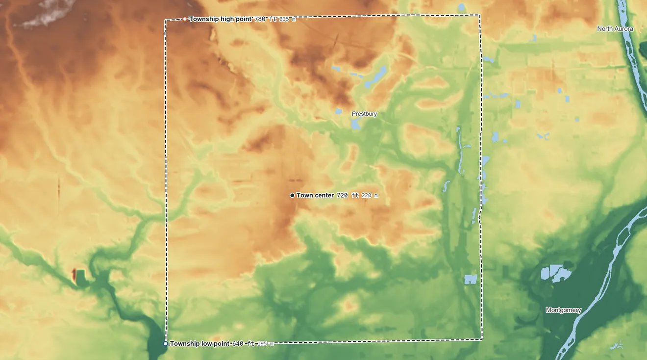 Topographic elevation map of Sugar Grove Township, Illinois, shaded from 640 ft on the southwest side to 780 ft on the northwest side