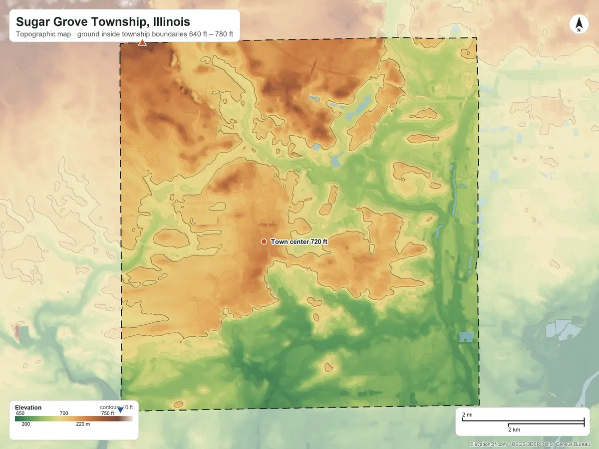 Topographic elevation map of Sugar Grove Township, Illinois, shaded from 640 ft on the southwest side to 780 ft on the northwest side