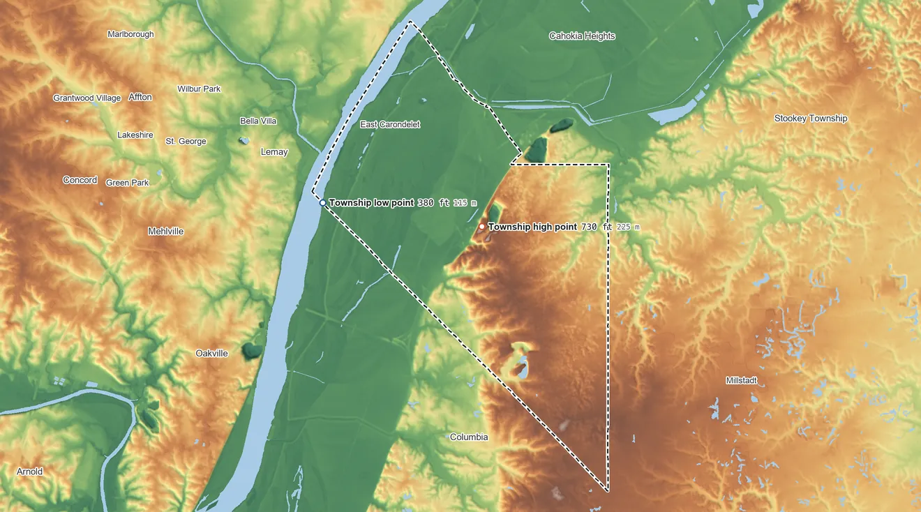 Topographic elevation map of Sugar Loaf Township, Illinois, shaded from 380 ft on the west side to 730 ft near the middle