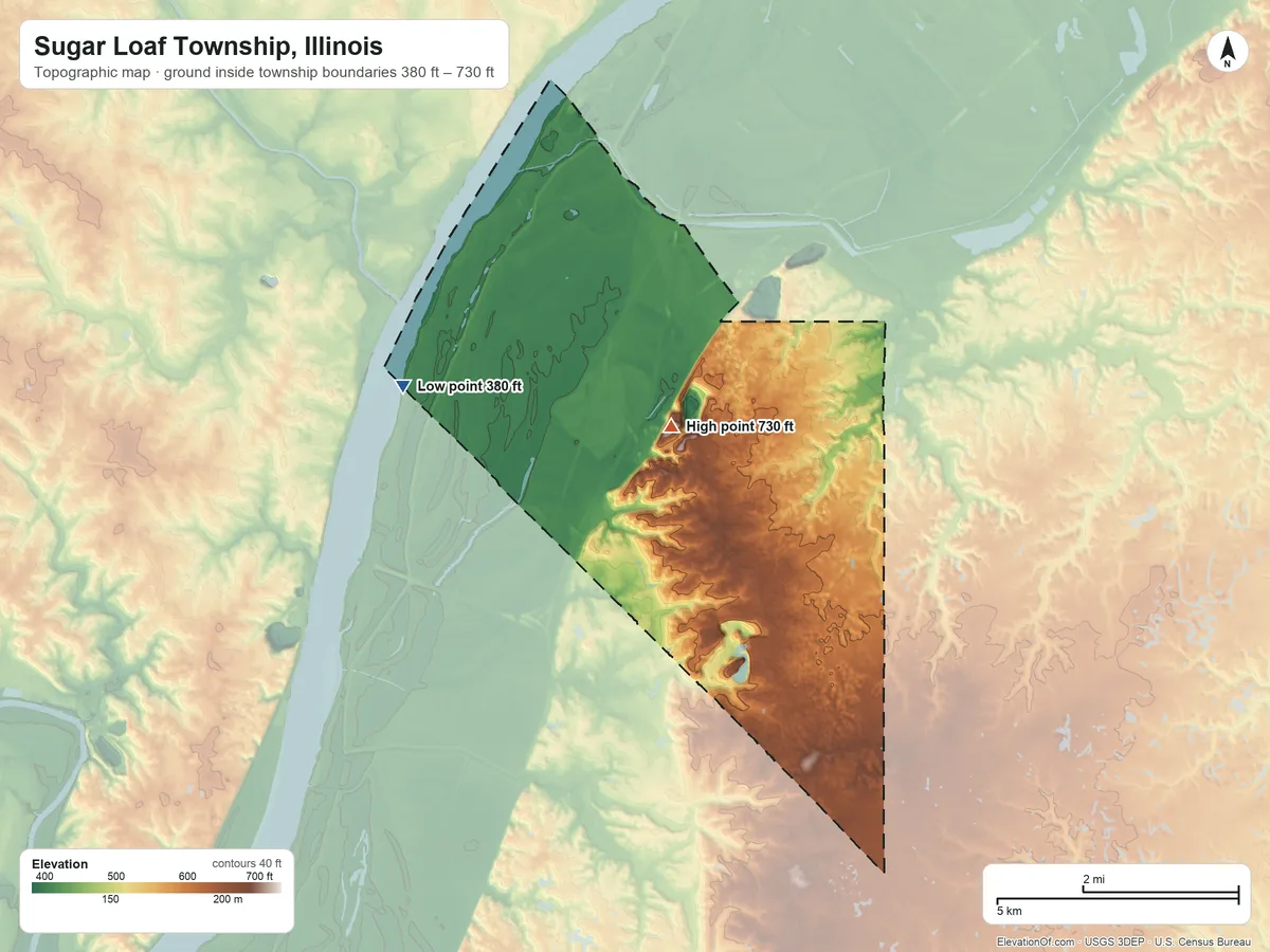 Topographic elevation map of Sugar Loaf Township, Illinois, shaded from 380 ft on the west side to 730 ft near the middle