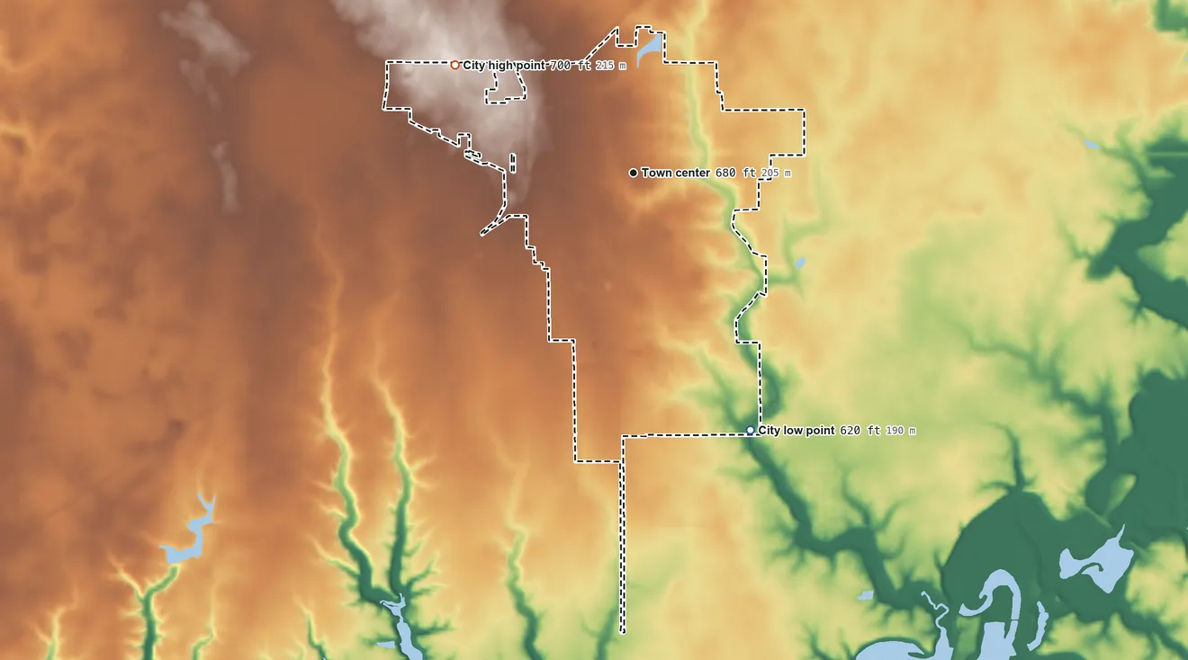 Topographic elevation map of Sullivan, Illinois, shaded from 620 ft on the southeast side to 700 ft on the northwest side