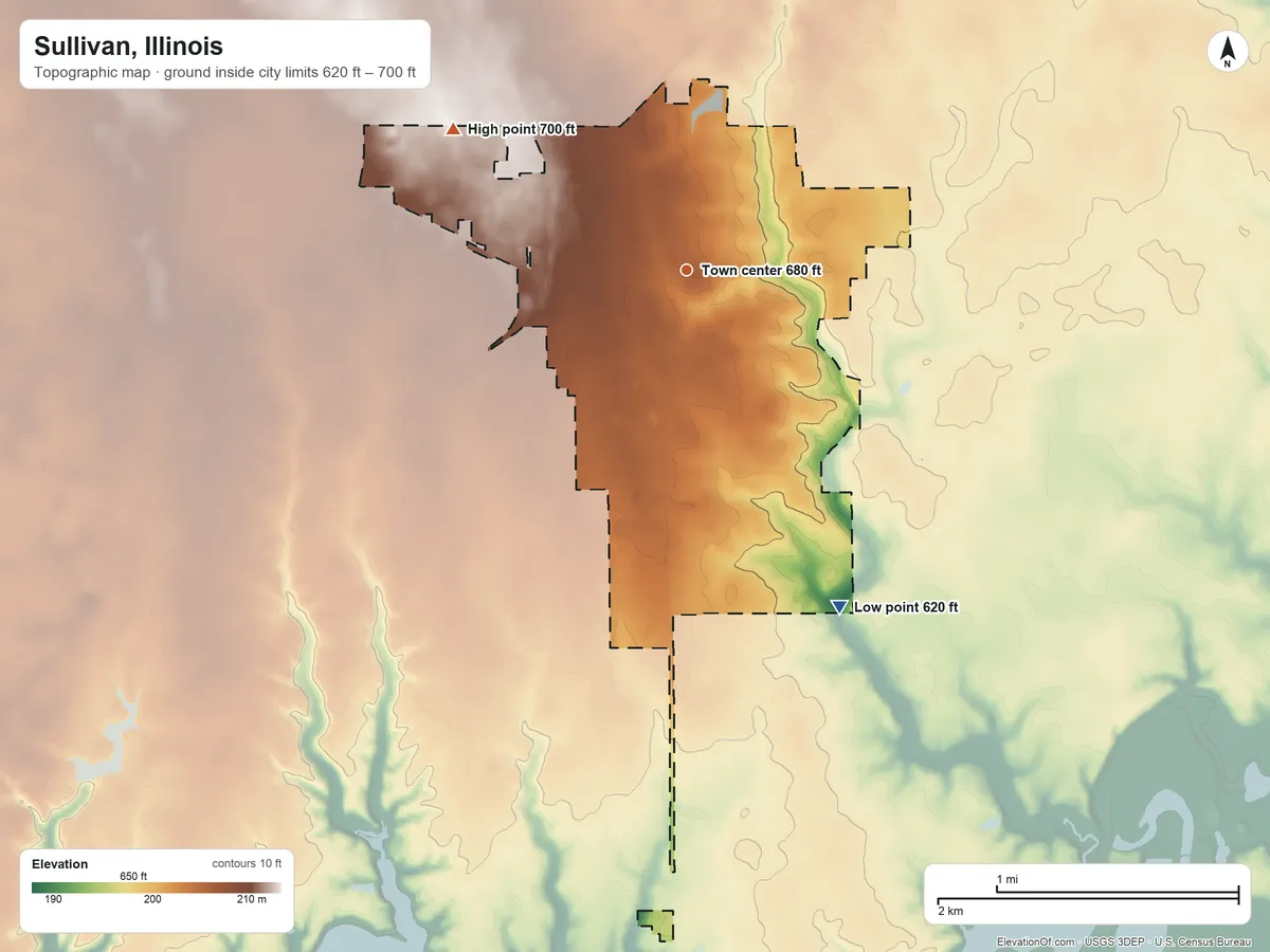 Topographic elevation map of Sullivan, Illinois, shaded from 620 ft on the southeast side to 700 ft on the northwest side