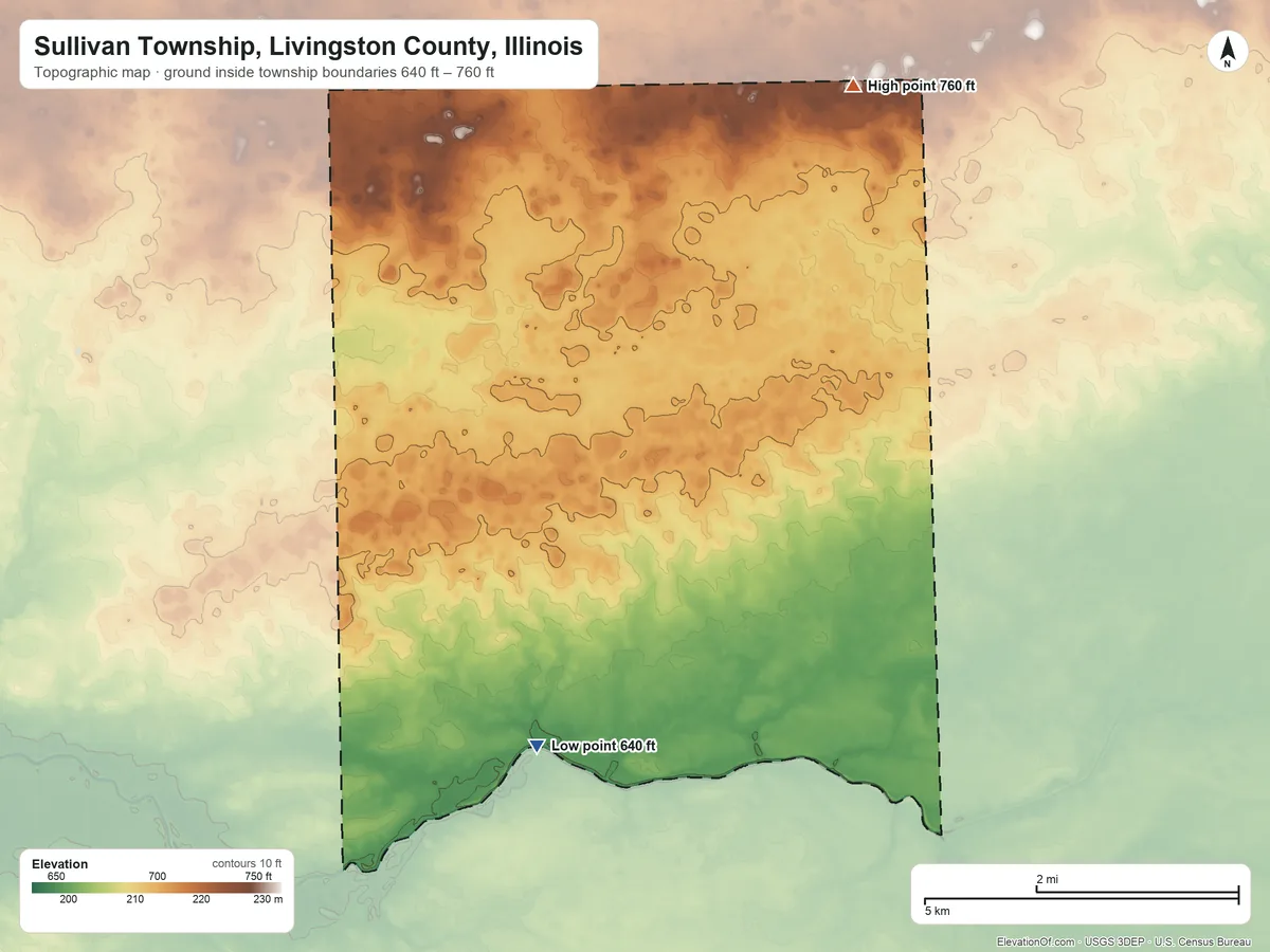Topographic elevation map of Sullivan Township, Livingston County, Illinois, shaded from 640 ft on the southwest side to 760 ft on the north side
