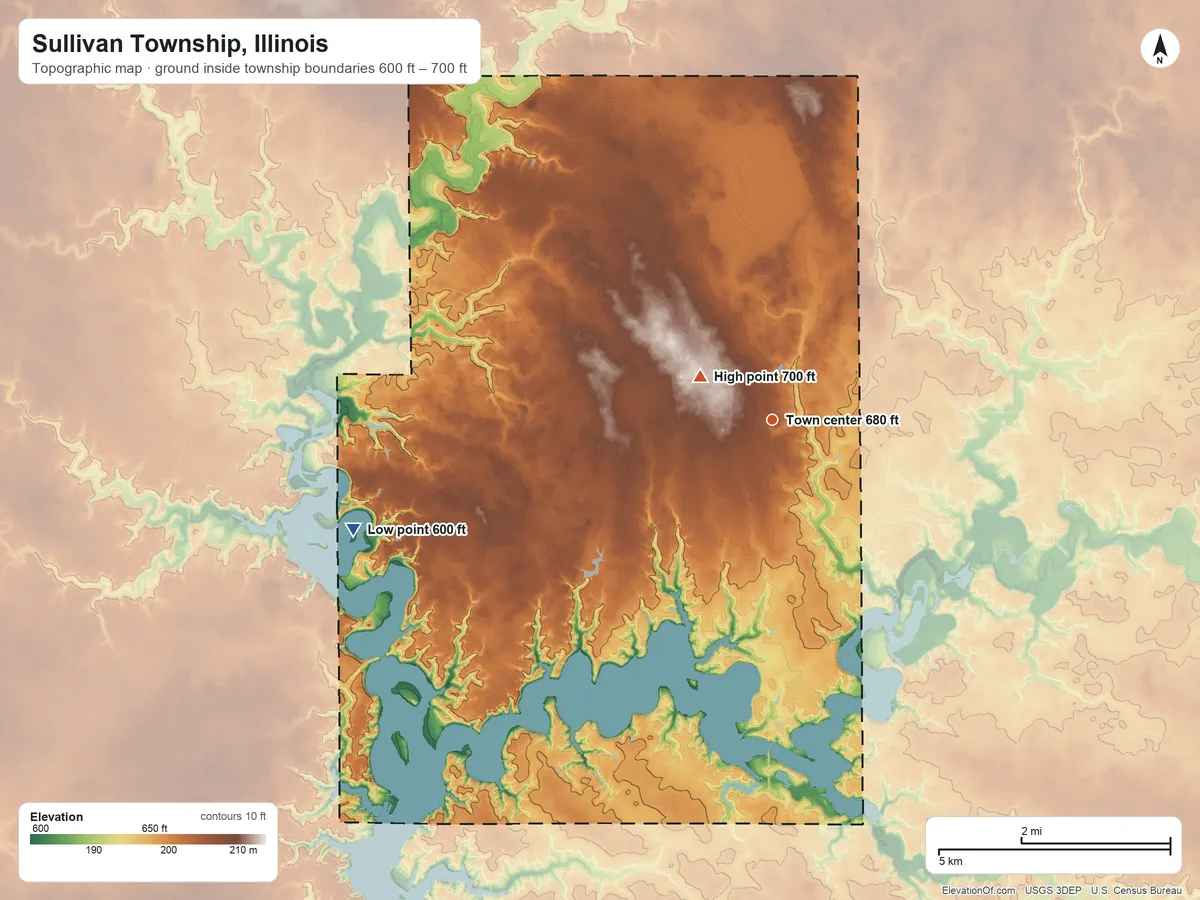 Topographic elevation map of Sullivan Township, Illinois, shaded from 600 ft on the west side to 700 ft near the middle