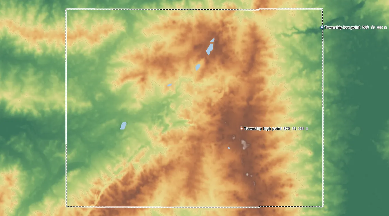 Topographic elevation map of Sullivant Township, Illinois, shaded from 760 ft on the northeast side to 870 ft on the southeast side