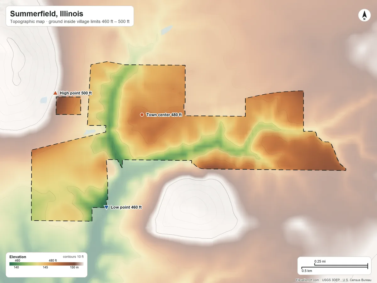 Topographic elevation map of Summerfield, Illinois, shaded from 460 ft on the south side to 500 ft on the west side