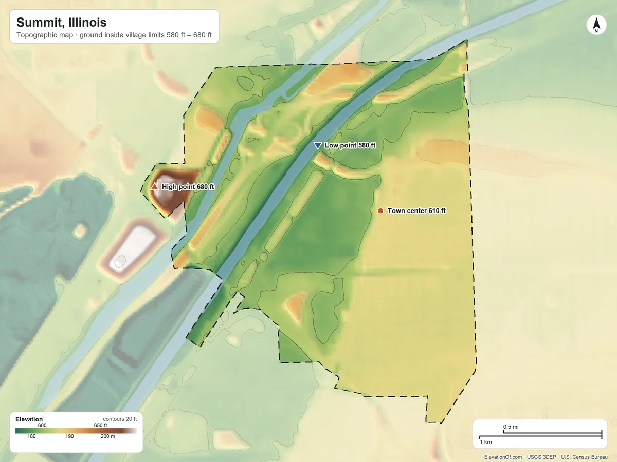 Topographic elevation map of Summit, Illinois, shaded from 580 ft on the northwest side to 680 ft on the west side