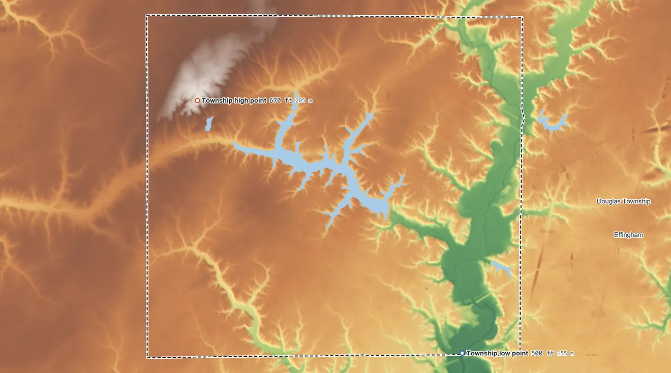 Topographic elevation map of Summit Township, Illinois, shaded from 500 ft on the south side to 670 ft on the west side