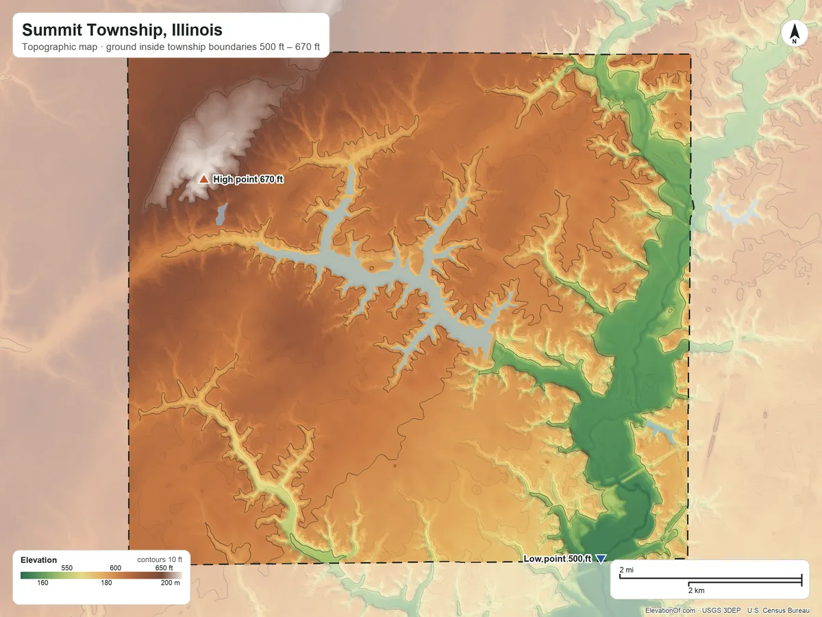 Topographic elevation map of Summit Township, Illinois, shaded from 500 ft on the south side to 670 ft on the west side