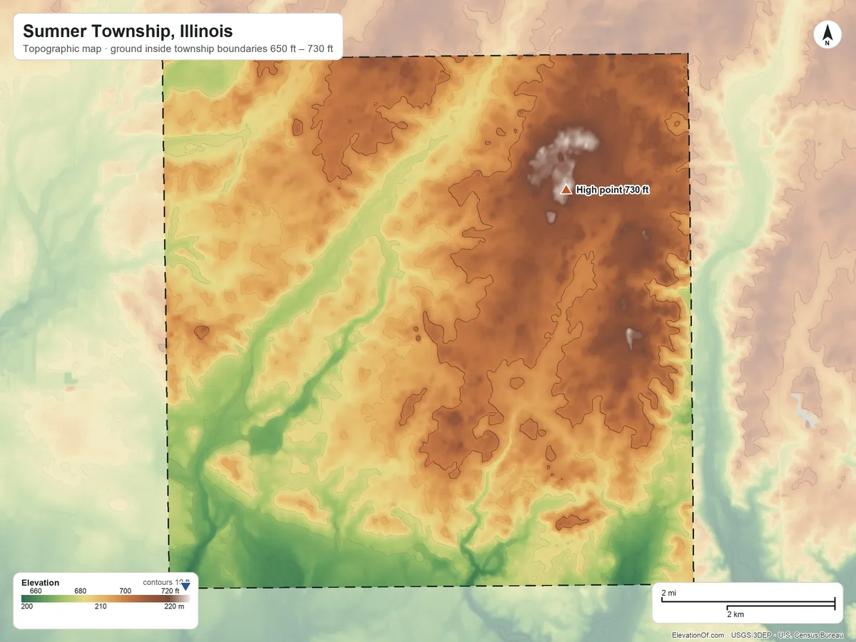 Topographic elevation map of Sumner Township, Illinois, shaded from 650 ft on the southwest side to 730 ft on the northeast side
