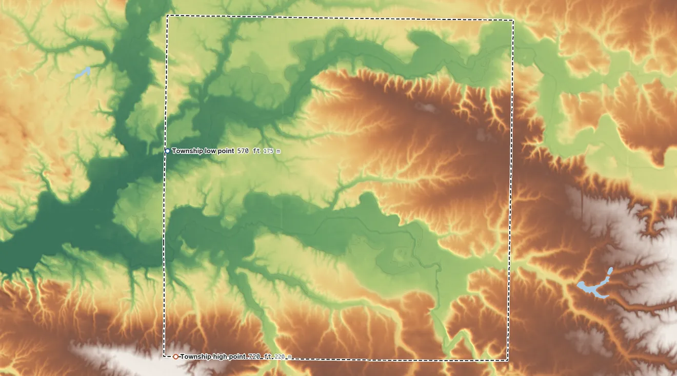 Topographic elevation map of Sumner Township, Warren County, Illinois, shaded from 570 ft on the northwest side to 720 ft on the southwest side