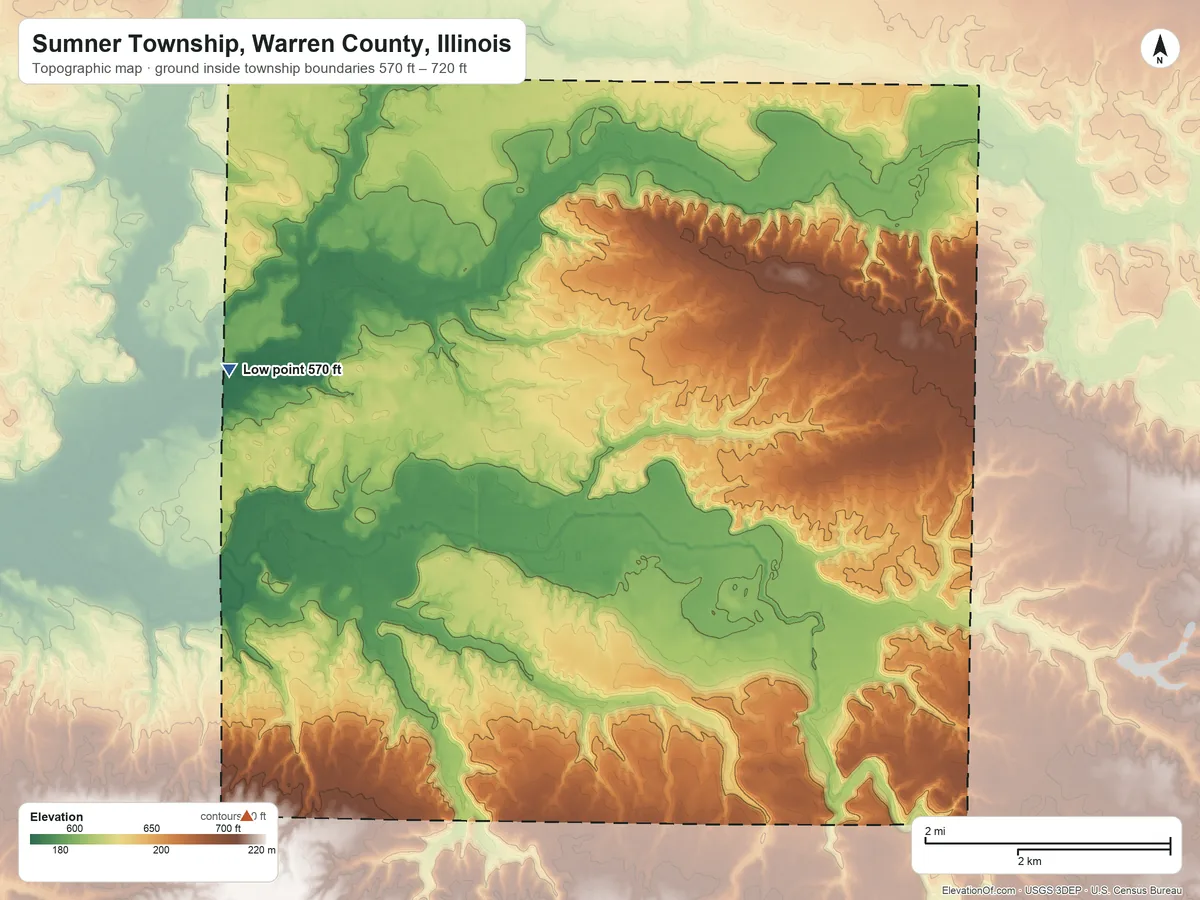 Topographic elevation map of Sumner Township, Warren County, Illinois, shaded from 570 ft on the northwest side to 720 ft on the southwest side