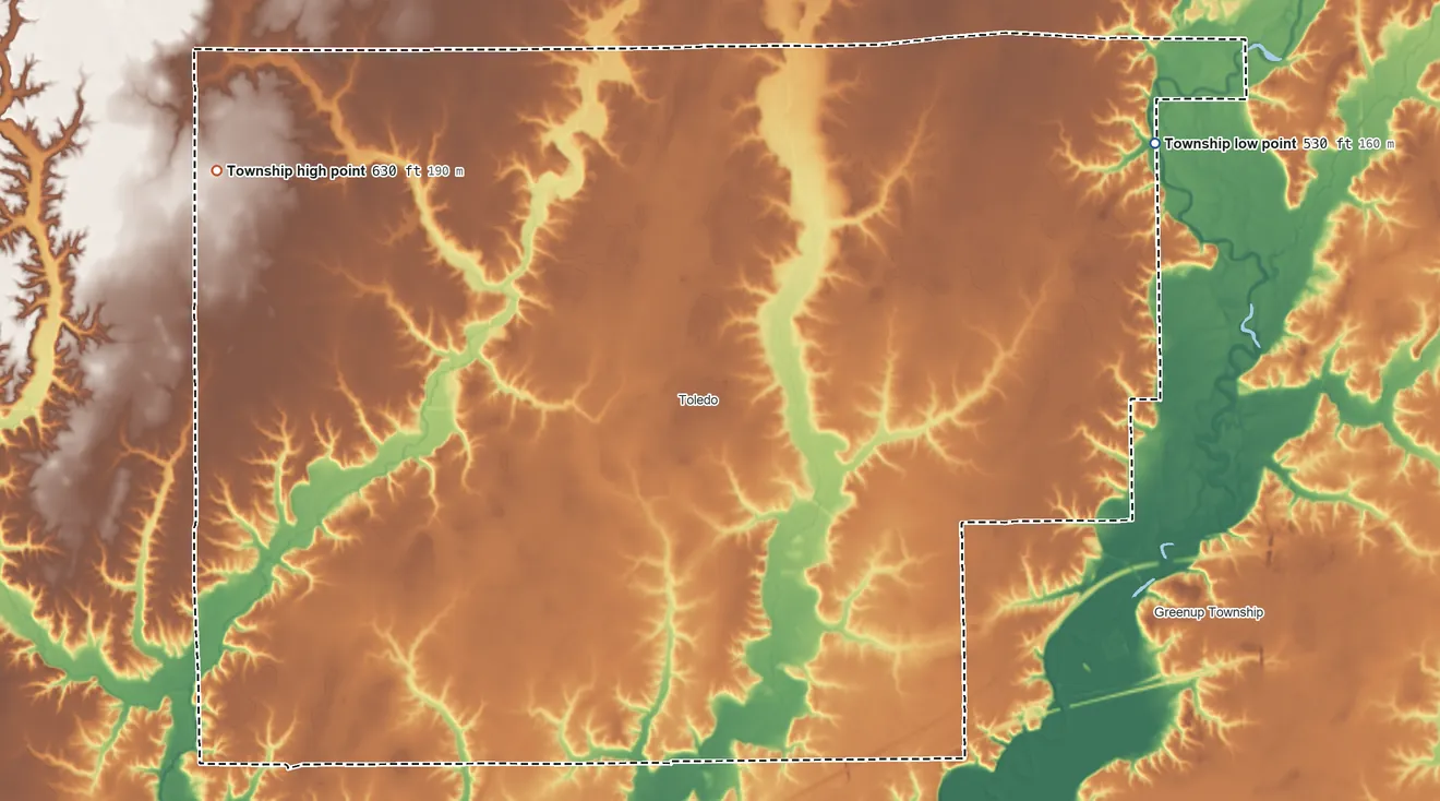 Topographic elevation map of Sumpter Township, Illinois, shaded from 530 ft on the northeast side to 630 ft on the northwest side