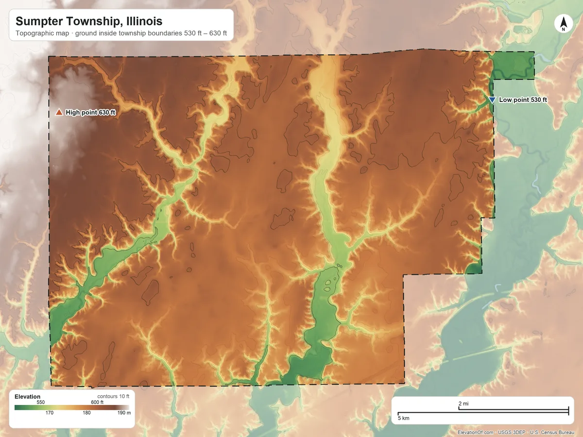 Topographic elevation map of Sumpter Township, Illinois, shaded from 530 ft on the northeast side to 630 ft on the northwest side