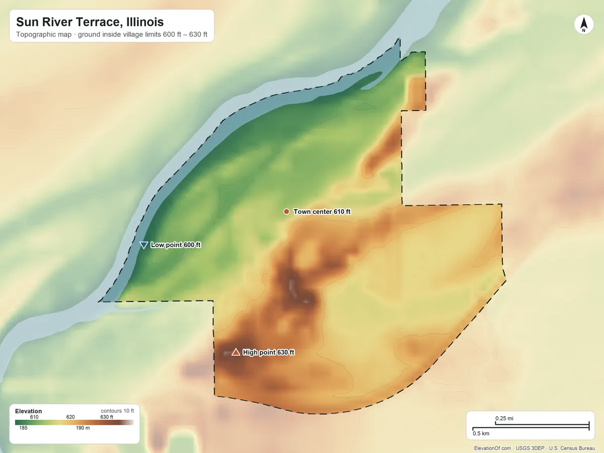 Topographic elevation map of Sun River Terrace, Illinois, shaded from 600 ft on the west side to 630 ft on the south side