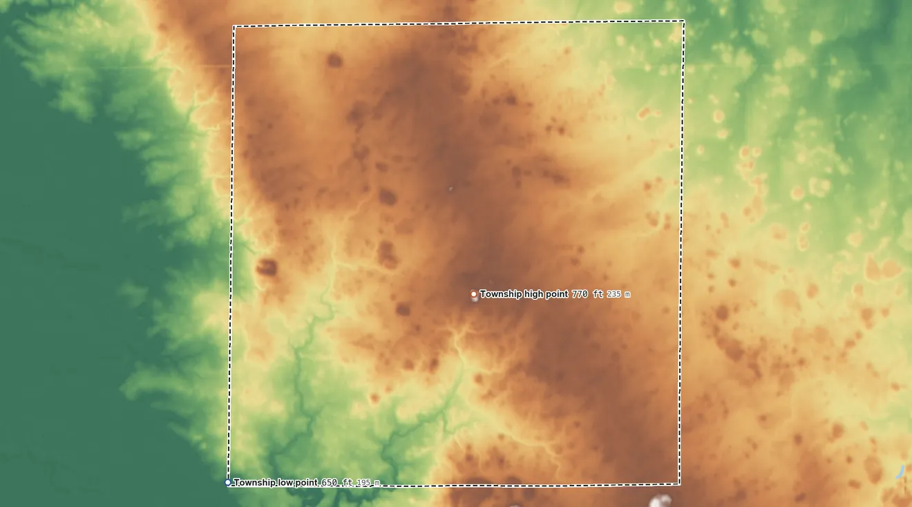 Topographic elevation map of Sunbury Township, Illinois, shaded from 650 ft on the southwest side to 770 ft on the south side