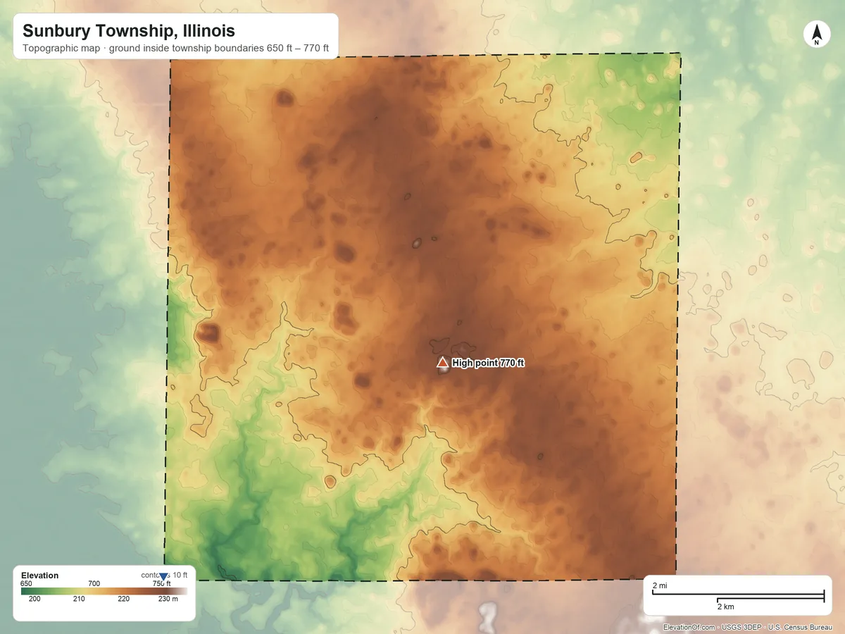 Topographic elevation map of Sunbury Township, Illinois, shaded from 650 ft on the southwest side to 770 ft on the south side