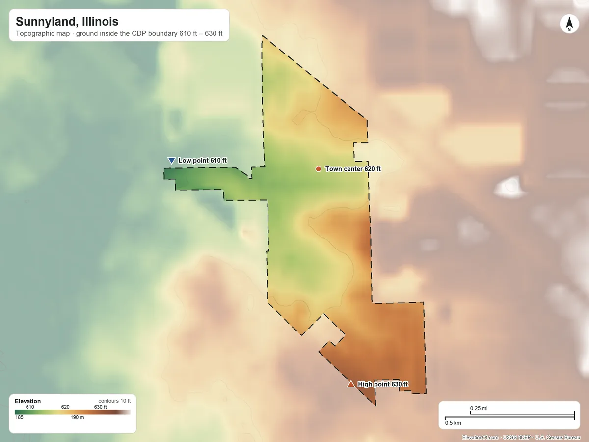 Topographic elevation map of Sunnyland, Illinois, shaded from 610 ft on the west side to 630 ft on the south side