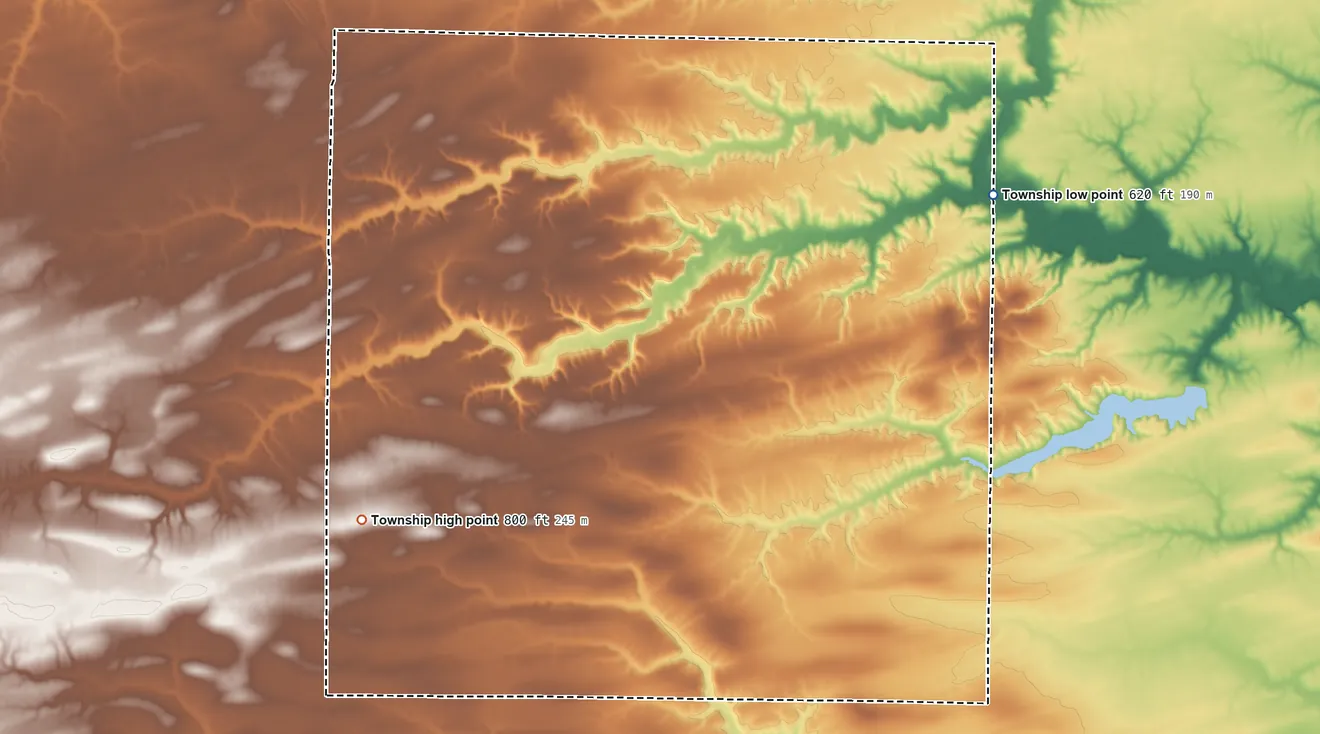 Topographic elevation map of Swan Township, Illinois, shaded from 620 ft on the northeast side to 800 ft on the southwest side