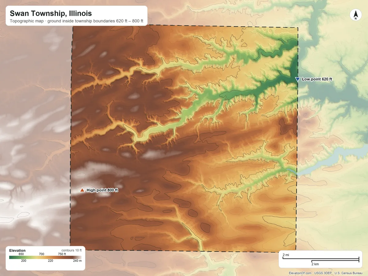 Topographic elevation map of Swan Township, Illinois, shaded from 620 ft on the northeast side to 800 ft on the southwest side