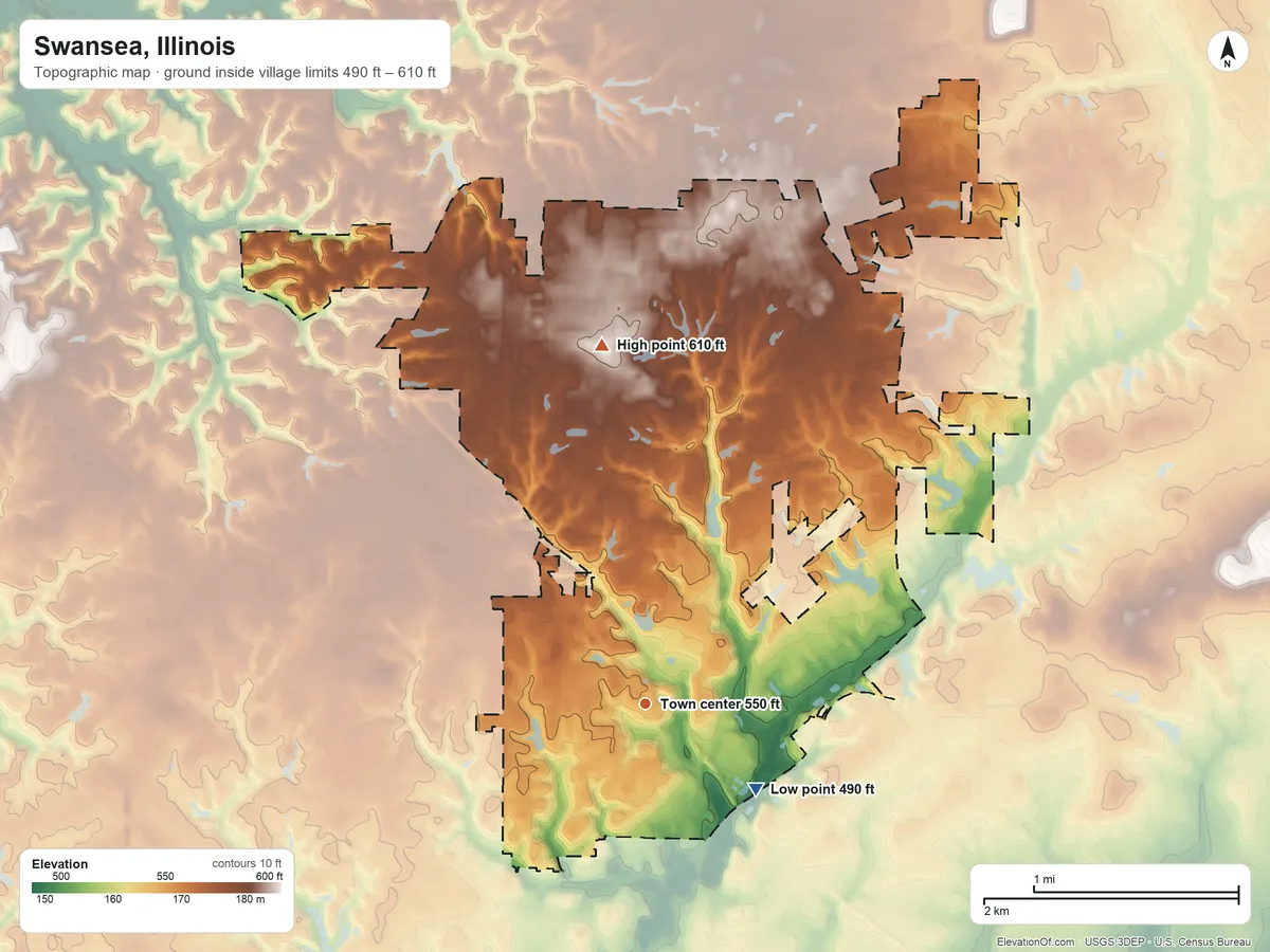 Topographic elevation map of Swansea, Illinois, shaded from 490 ft on the southeast side to 610 ft on the north side
