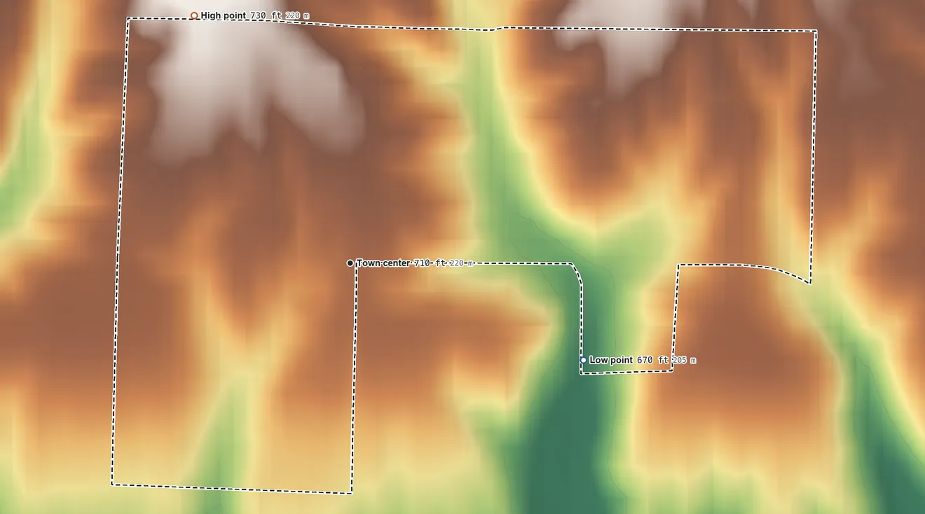Topographic elevation map of Swedona, Illinois, shaded from 670 ft on the southeast side to 730 ft on the northwest side