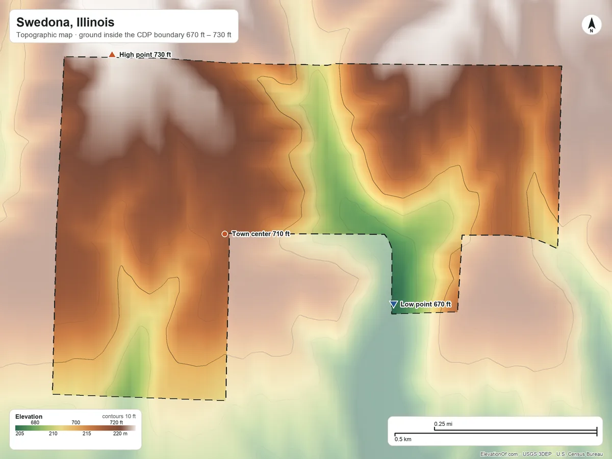 Topographic elevation map of Swedona, Illinois, shaded from 670 ft on the southeast side to 730 ft on the northwest side