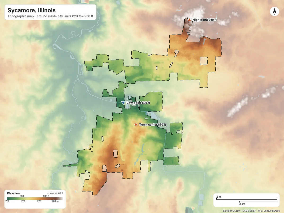 Topographic elevation map of Sycamore, Illinois, shaded from 820 ft on the northwest side to 930 ft on the northeast side